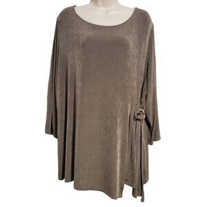 Chicos Travelers Size 3 Tunic Top Hip Tie 3/4 Sleeves Slinky Knit Brown Neutral